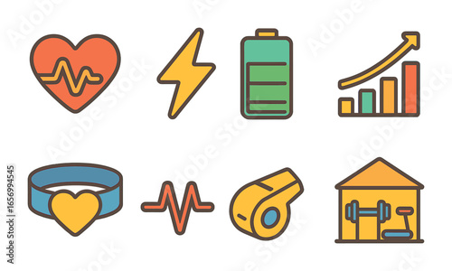 Children's Fitness Icons. Flat vector mini-illustrations heartbeat energy in colors children's illustrations: