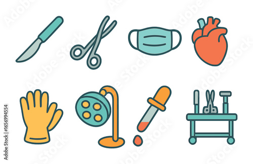 Colorful Surgery Tools. Flat vector mini-illustrations heart surgery tools in colors children's illustrations: