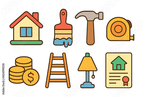 Colorful Home Renovation. Flat vector mini-illustrations home flipping in colors children's illustrations: