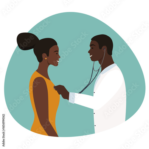 The doctor listens to the patient with a stethoscope. Lungs and chest. Flat style.