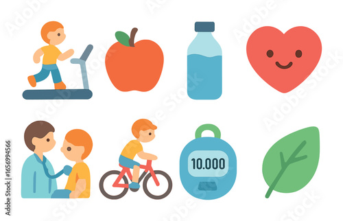 Healthy Heart Habits. Flat vector mini-illustrations healthy heart habits in colors children's illustrations: