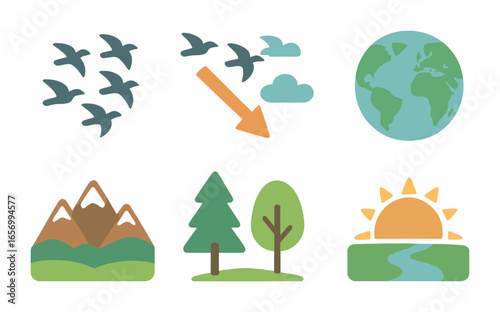 Seasonal Bird Migration. Flat vector mini-illustrations seasonal bird flights in colors children's