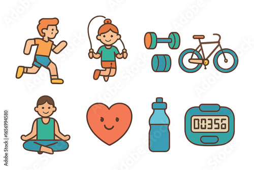Kid's Fitness Icons. Flat vector mini-illustrations cardiovascular exercises in colors children's