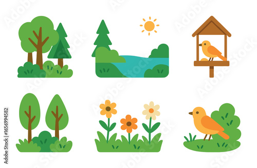 Bird-Friendly Landscapes. Flat vector mini-illustrations bird-friendly landscapes in colors children's