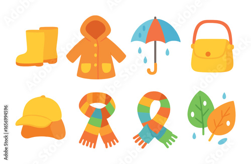 Rainy Day Essentials. Flat vector mini-illustrations rain day style in colors children's illustrations: rubber