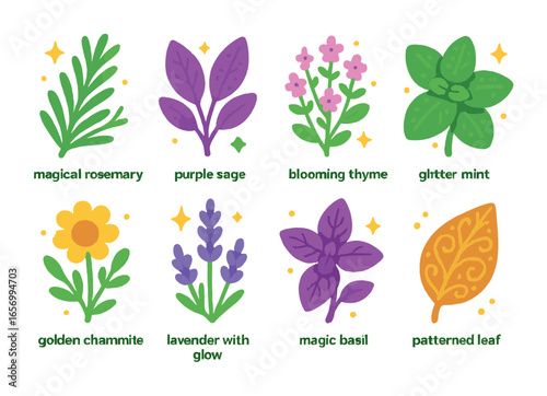 Enchanted Herb Icons. Flat vector mini-illustrations enchanted garden herbs in colors children's illustrations