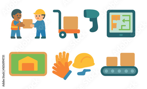 Teamwork Warehouse Icons. Flat vector mini-illustrations staff teamwork in colors children's illustrations: