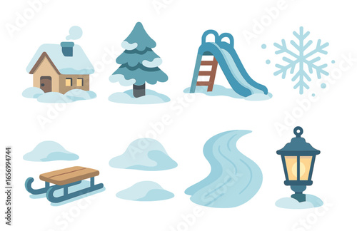 Winter Icon Set. Flat vector mini-illustrations snowy winter landscapes in colors children's illustrations: