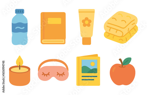 Colorful Self-Care Icons. Flat vector mini-illustrations self-care checklist in colors children's