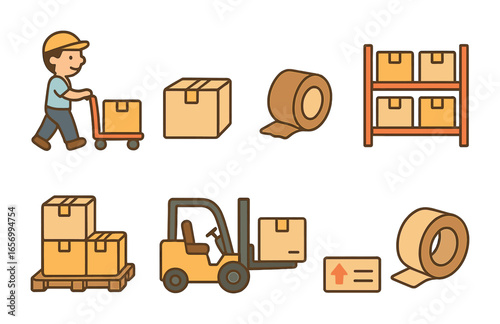 Warehouse Organization Icons. Flat vector mini-illustrations warehouse staff organizing boxes in colors