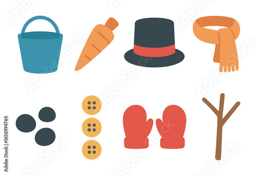 Snowman Building Kit. Flat vector mini-illustrations snowman building kit in colors children's illustrations: