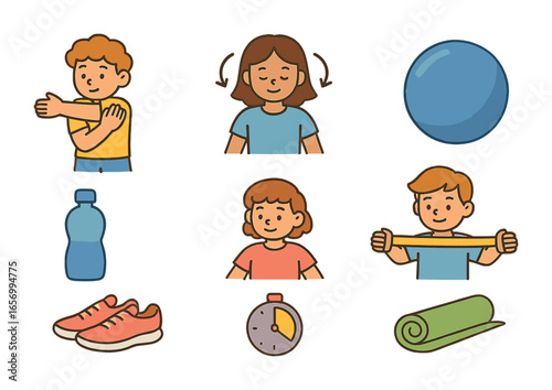 Kids' Exercise Icons. Flat vector mini-illustrations quick desk exercises in colors children's illustrations:
