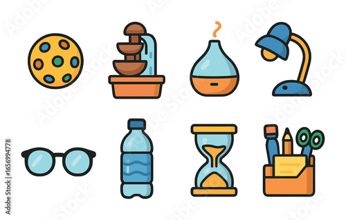 Desk Relaxation Tools. Flat vector mini-illustrations desk relaxation tools in colors children's illustrations