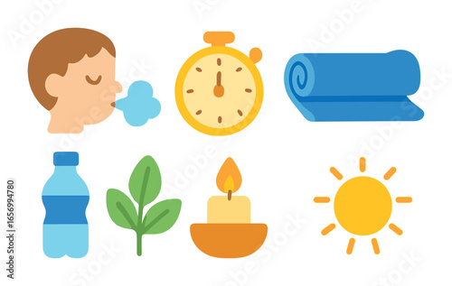 Children's Breathing Symbols. Flat vector mini-illustrations breathing exercise symbols in colors children's