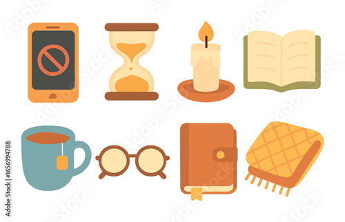 Digital Detox Icons. Flat vector mini-illustrations digital detox moments in colors children's illustrations: