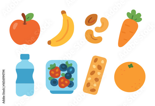 Healthy Work Snacks. Flat vector mini-illustrations healthy snacks for work in colors children's illustrations