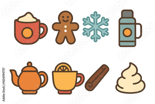 Winter Drinks Icons. Flat vector mini-illustrations winter party drinks in colors children's illustrations: