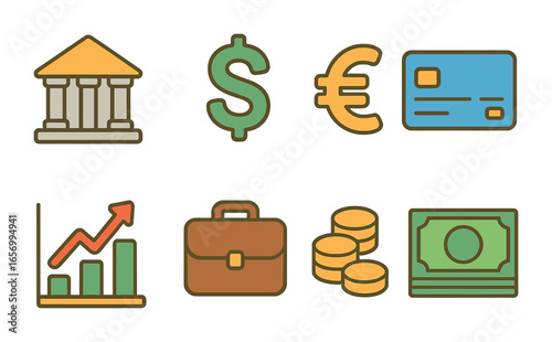 Colorful Financial Icons. Flat vector mini-illustrations global financial flow in colors children's
