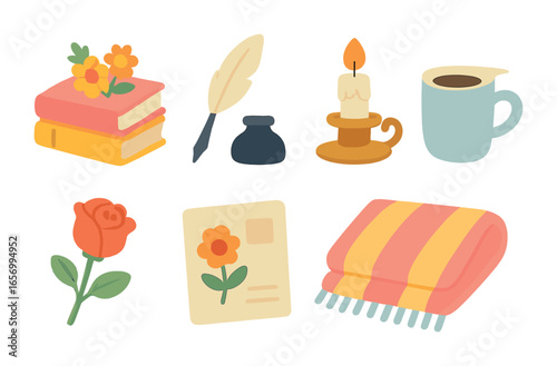 Whimsical Writing Essentials. Flat vector mini-illustrations poetry collections in colors children's