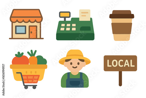 Local Business Icons. Flat vector mini-illustrations local small business support in colors children's