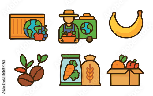 Global Food Trade Icons. Flat vector mini-illustrations global food trade in colors children's illustrations: