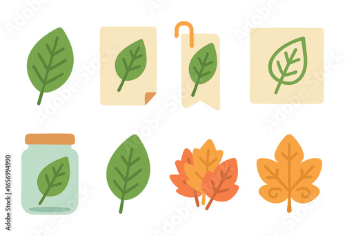 Leaf Icon Collection. Flat vector mini-illustrations leaf collection in colors children's illustrations:
