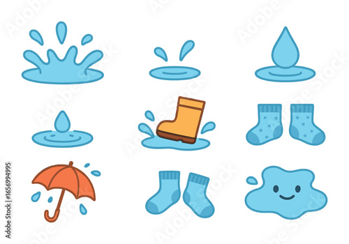Puddle Splash Icons. Flat vector mini-illustrations puddle splashes in colors children's illustrations: big