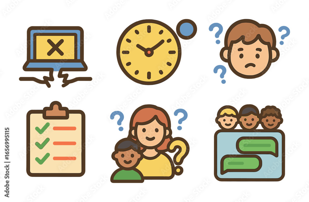 Fototapeta premium Remote Team Challenges. Flat vector mini-illustrations remote leadership challenges in colors children's