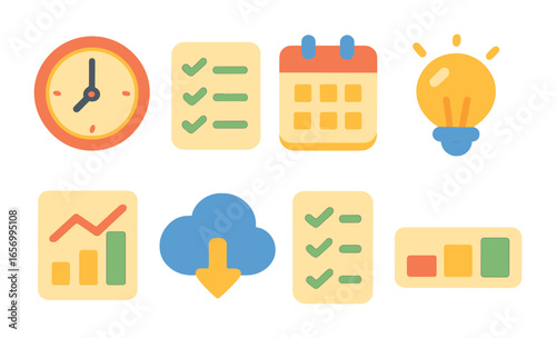 Colorful Productivity Icons. Flat vector mini-illustrations remote productivity tools in colors children's