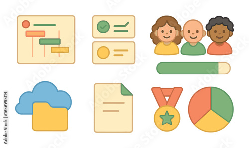 Kid-Friendly Project Management. Flat vector mini-illustrations remote project management in colors children's
