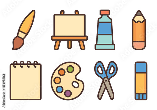Art Tools Grid. Flat vector mini-illustrations artistic creativity in colors children's illustrations:
