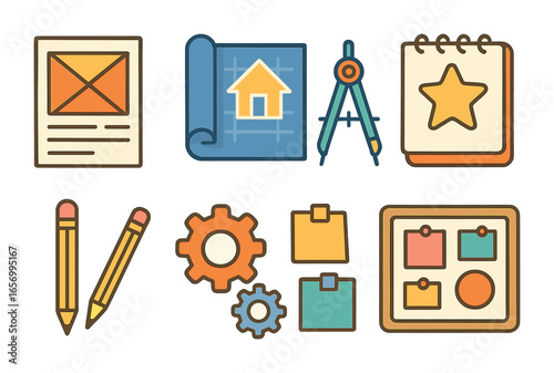 Creative Design Tools. Flat vector mini-illustrations design thinking in colors children's illustrations: