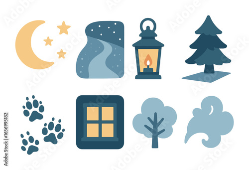 Winter Woods Icons. Flat vector mini-illustrations winter night in woods in colors children's illustrations: