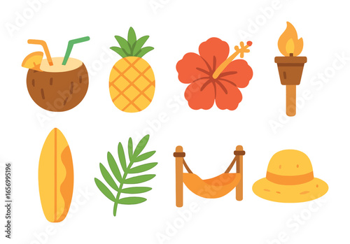 Tropical Party Icons. Flat vector mini-illustrations tropical party vibes in colors children's illustrations: