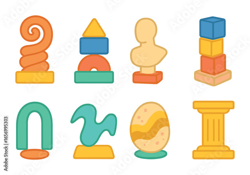 Colorful Abstract Sculptures. Flat vector mini-illustrations abstract sculptures in colors children's