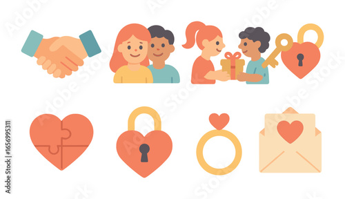 Wholesome Symbols of Trust. Flat vector mini-illustrations trust building in colors children's illustrations: