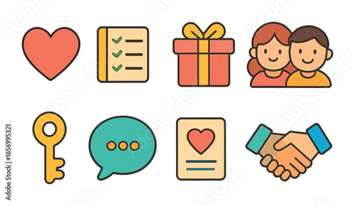 Cute Relationship Icons. Flat vector mini-illustrations relationship tips in colors children's illustrations: