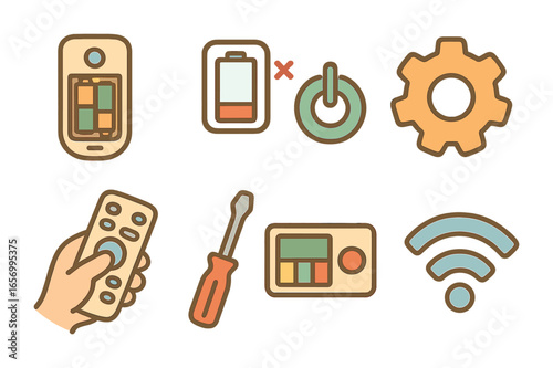 Remote Fixing Icons. Flat vector mini-illustrations fixing remote issues in colors children's illustrations: