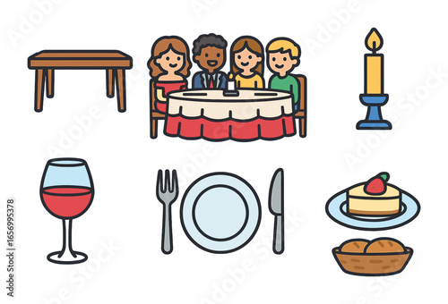 Fancy Dinner Icons. Flat vector mini-illustrations a group of friends enjoying a fancy dinner in a fine-dining