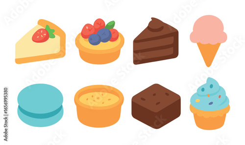 Colorful Dessert Icons. Flat vector mini-illustrations dessert selection in colors children's illustrations: