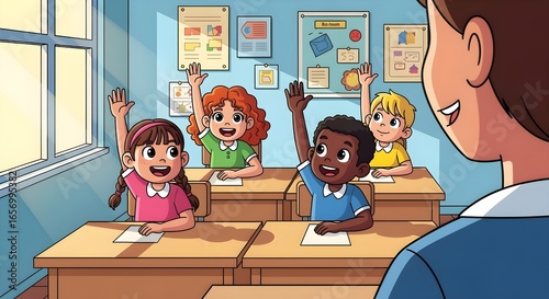 Children Raising Hands in Classroom Back to School