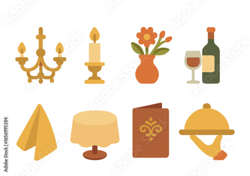 Chic Dining Icons. Flat vector mini-illustrations fancy restaurant ambiance in colors children's illustrations