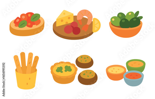 Kids' Appetizer Icons. Flat vector mini-illustrations appetizers and starters in colors children's