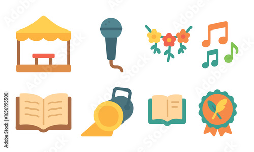 Children's Poetry Festival Icons. Flat vector mini-illustrations poetry festivals in colors children's