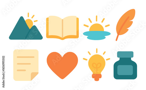 Inspirational Icon Grid. Flat vector mini-illustrations inspirational poetry in colors children's