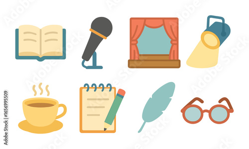 Poetry Reading Icons. Flat vector mini-illustrations poetry readings in colors children's illustrations: open