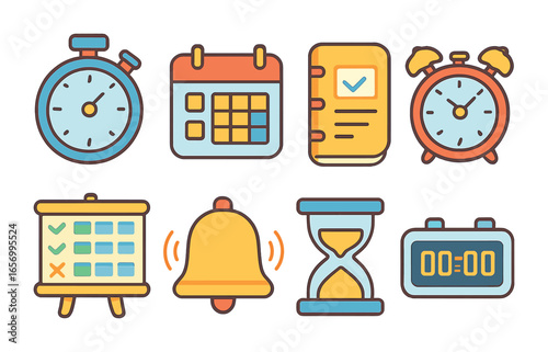 Children's Time Management Tools. Flat vector mini-illustrations time management tools in colors children's