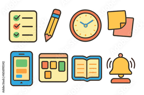 Colorful Task Management Tools. Flat vector mini-illustrations task management apps in colors children's