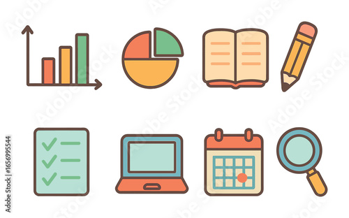 Playful Productivity Icons. Flat vector mini-illustrations productivity review in colors children's