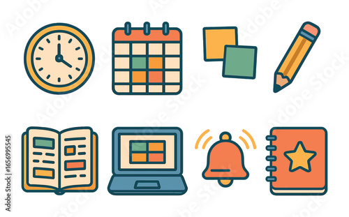 Time Management Icons. Flat vector mini-illustrations time blocking strategy in colors children's